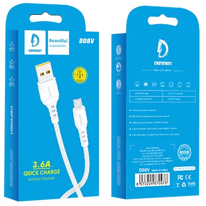 Кабель USB - Micro Denmen D08V 3,6A Fast Charging Cable Белый